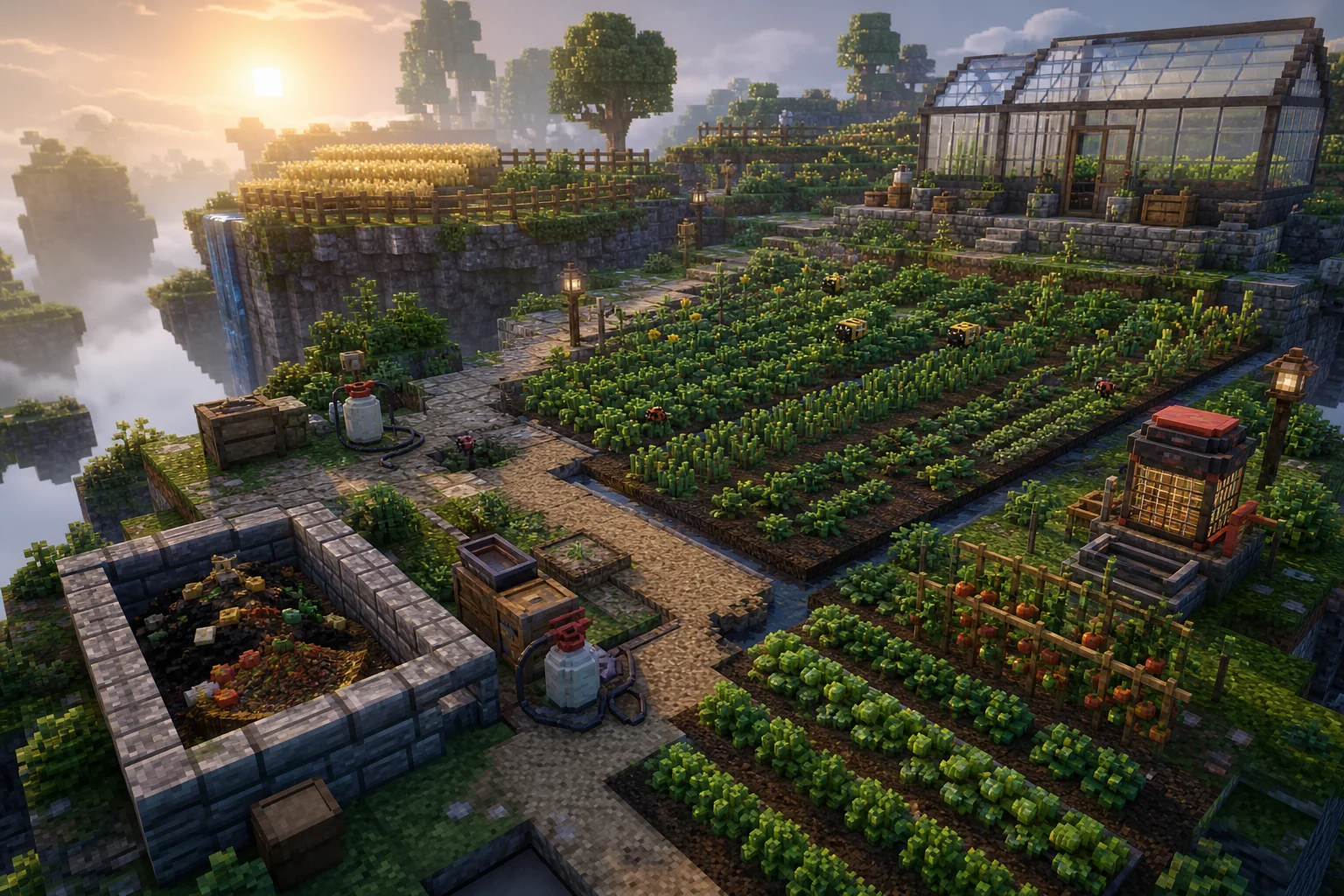 Original voxel artwork of connected crop plots, pest traps, a composter, sprayers, and a greenhouse